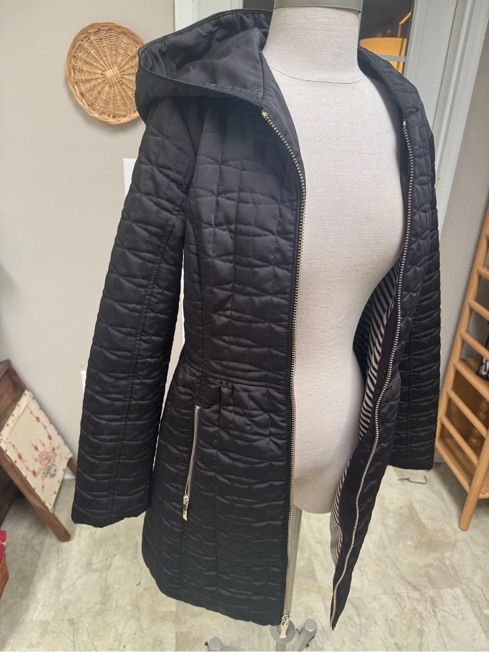 Kate Spade Black Quilted Hooded Puffer Coat Striped Lining Small